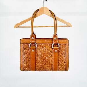 Michael Kors Tan Brown Woven Straw Leather Herringbone Tote Handbag